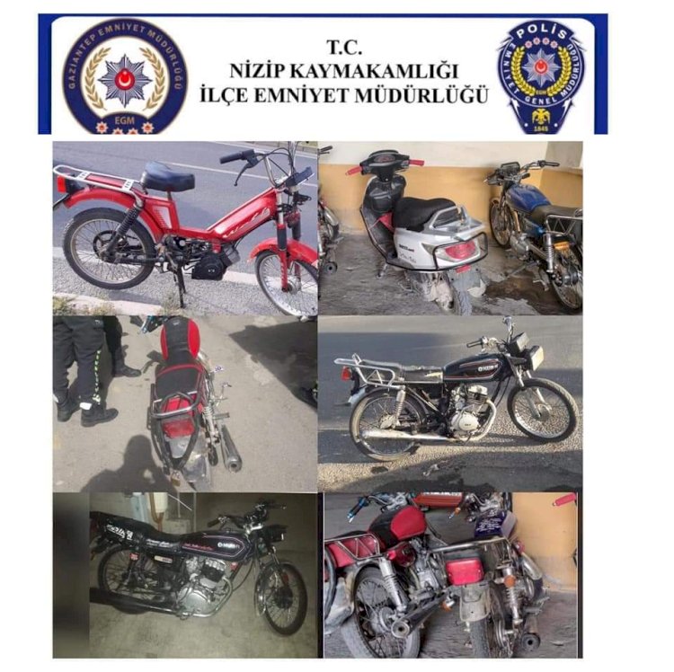 Nizip'te 7 adet çalıntı motosiklet ve 1 ruhsatsız tabanca yakakandı